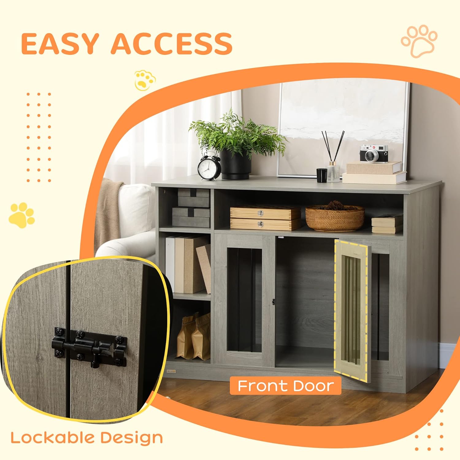 PawHut Dog Crate Furniture with Adjustable Shelf, Dog Crate End Table, Indoor Pet Crate for Medium and Large Dogs, with Large Flat Surface, 47" x 23.5" x 35", Gray