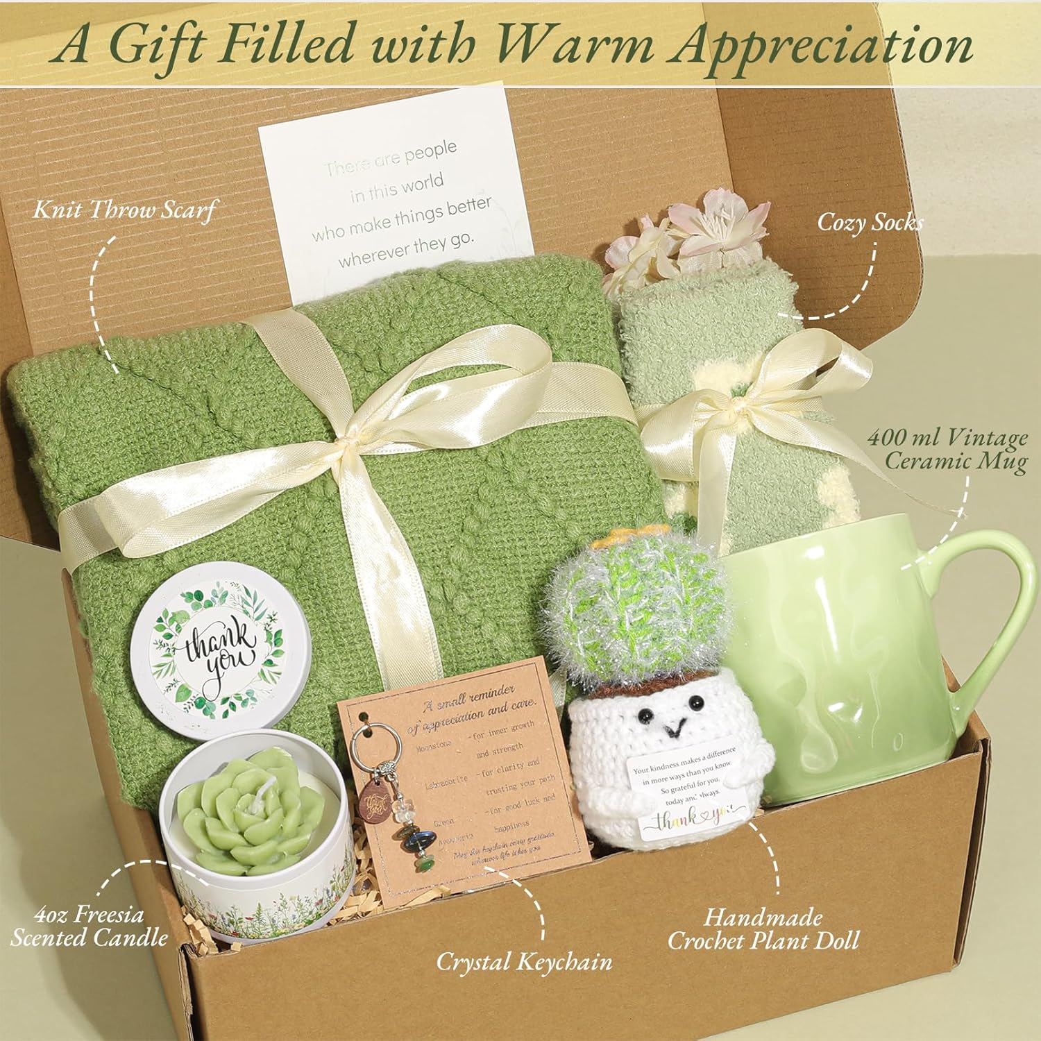 Thank You Gifts for Women,Teacher Employee Appreciation Gifts,Warm Green Thank You Basket for Coworkers Friends Mom Her Boss Nurse with Mug Knit Throw Scarf Positive Doll Crystal Keychain