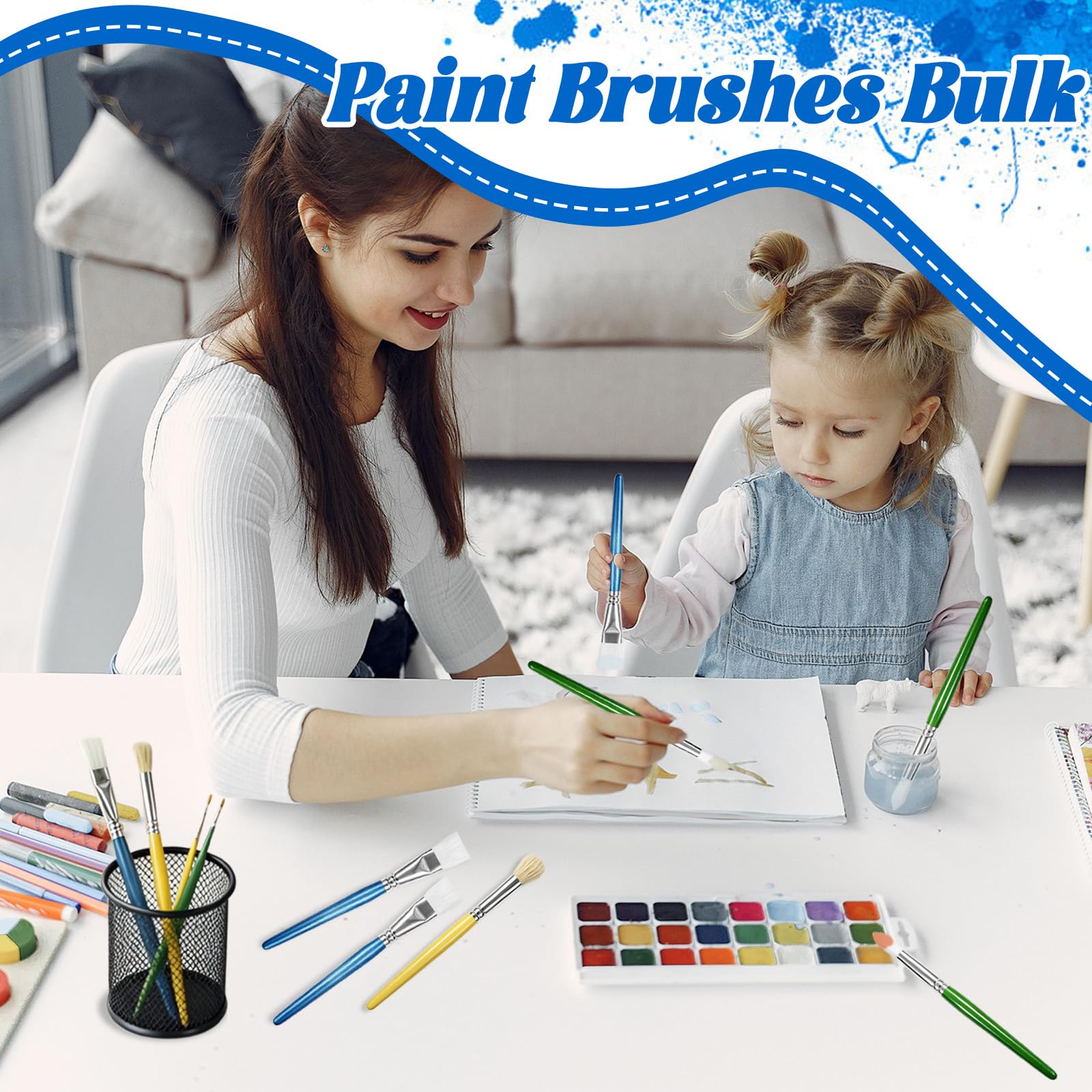 Set di pennelli per bambini, 36 pezzi, manici in legno | Pennelli a punta piatta e rotonda per acrilico, acquerello e pittura a olio. Ideale per aule, artigianato fai da te