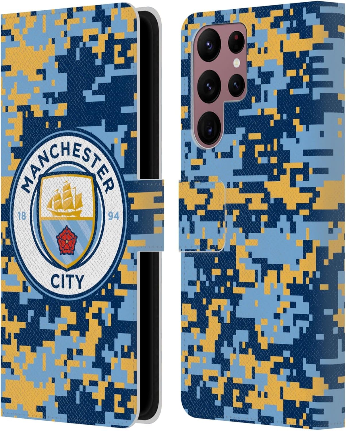 Head Case Designs Officially Licensed Manchester City Man City FC Bluemoon Digital Camouflage Leather Wallet Case Compatible with Samsung Galaxy S22 Ultra 5G