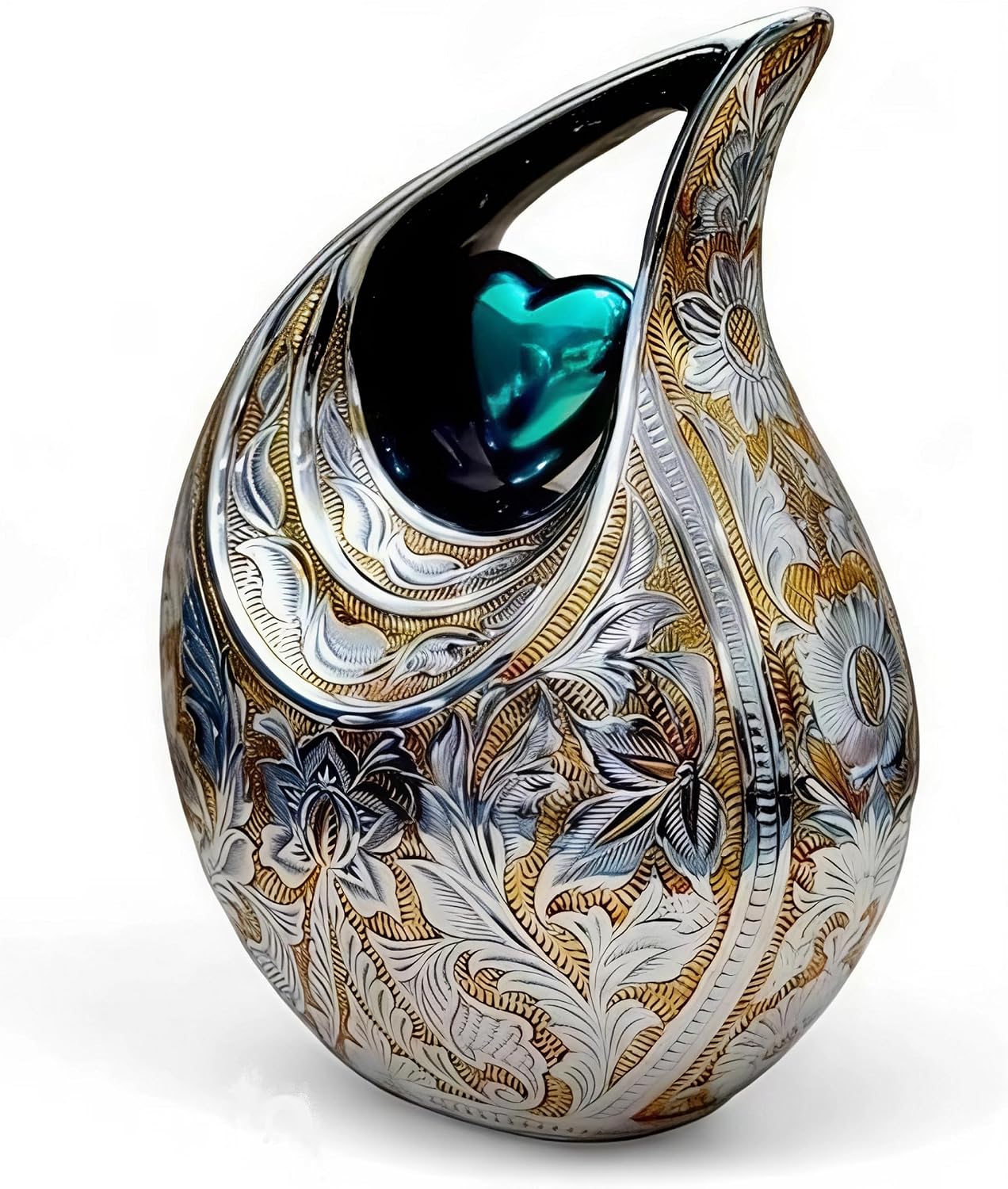 Teardrop Cremation Urns with Heart for Human Ashes, Silver and Golden Engravied Decorative Keepsake Urn for Male and Female Memorial Funeral Cemetery Urns for Burial - 10 Inches Holds Upto 200 Lbs