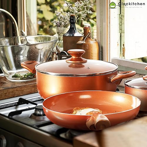 Miniatura 9 de Clockitchen Juego de utensilios de cocina antiadherentes, 6 piezas de ollas y sartenes en color cobre, juego de cocina de inducción con sartenes y