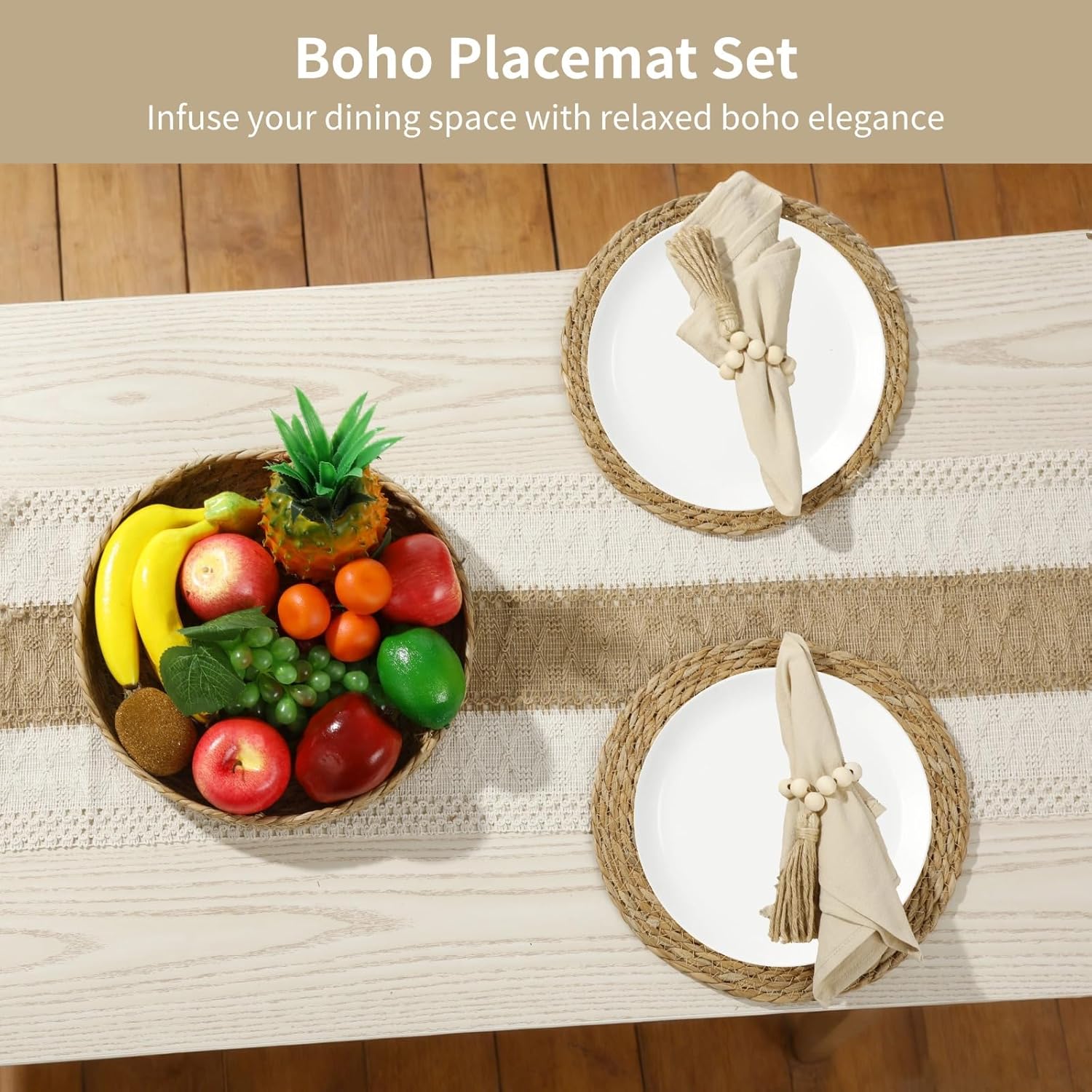 6 Sets Boho Table Decor Bundle, Round Woven Placemats, Long Table Runner 70.9 in, Seagrass Tray, Linen Tassel Napkins, Bulk Value Pack, Bohemian Dining Decor for Wedding Party