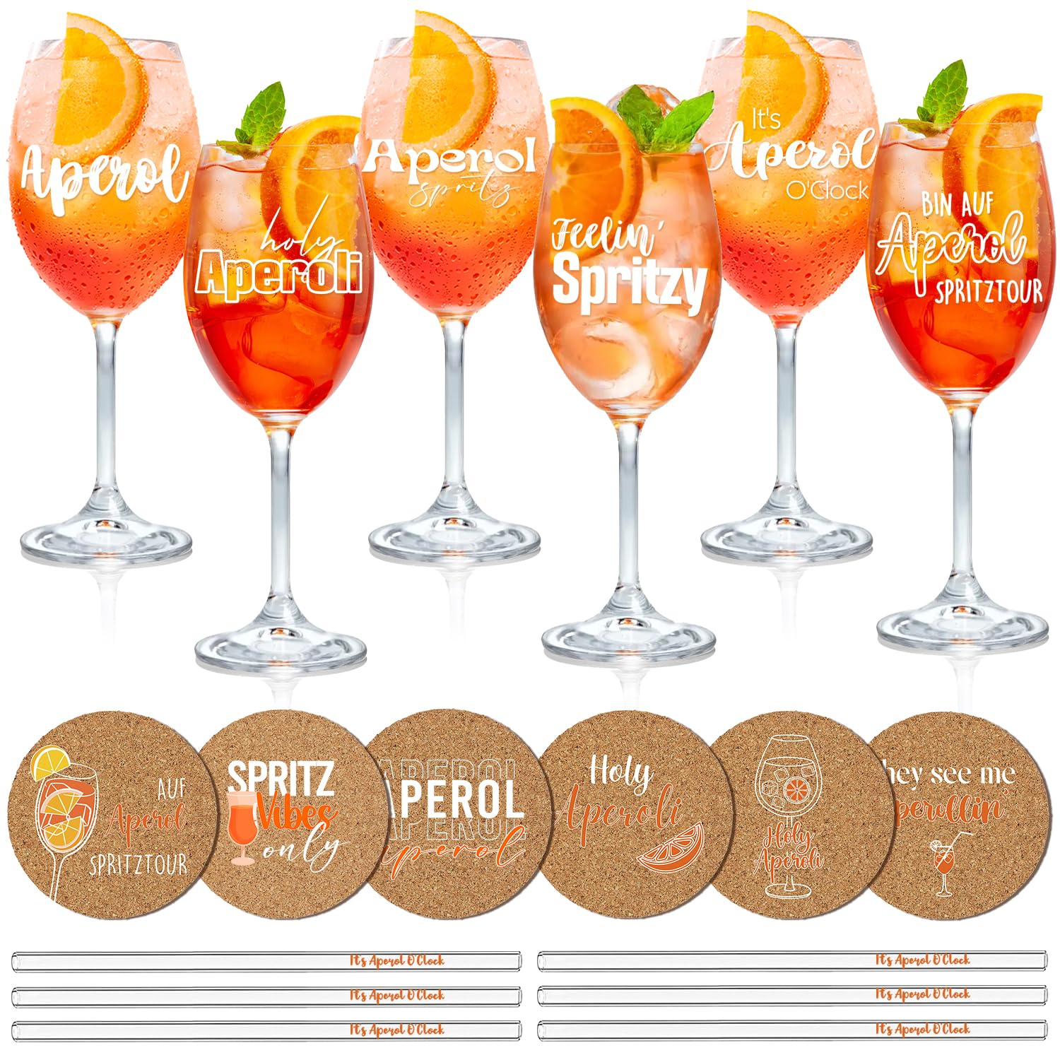 Bicchiere Aperol Spritz, cannucce in vetro con detti Aperol Spritz, set regalo Aperol Spritz, set con 1 bicchiere da cocktail e 1 cannuccia in vetro, Holy Aperoli, regalo Aperol per uomo e