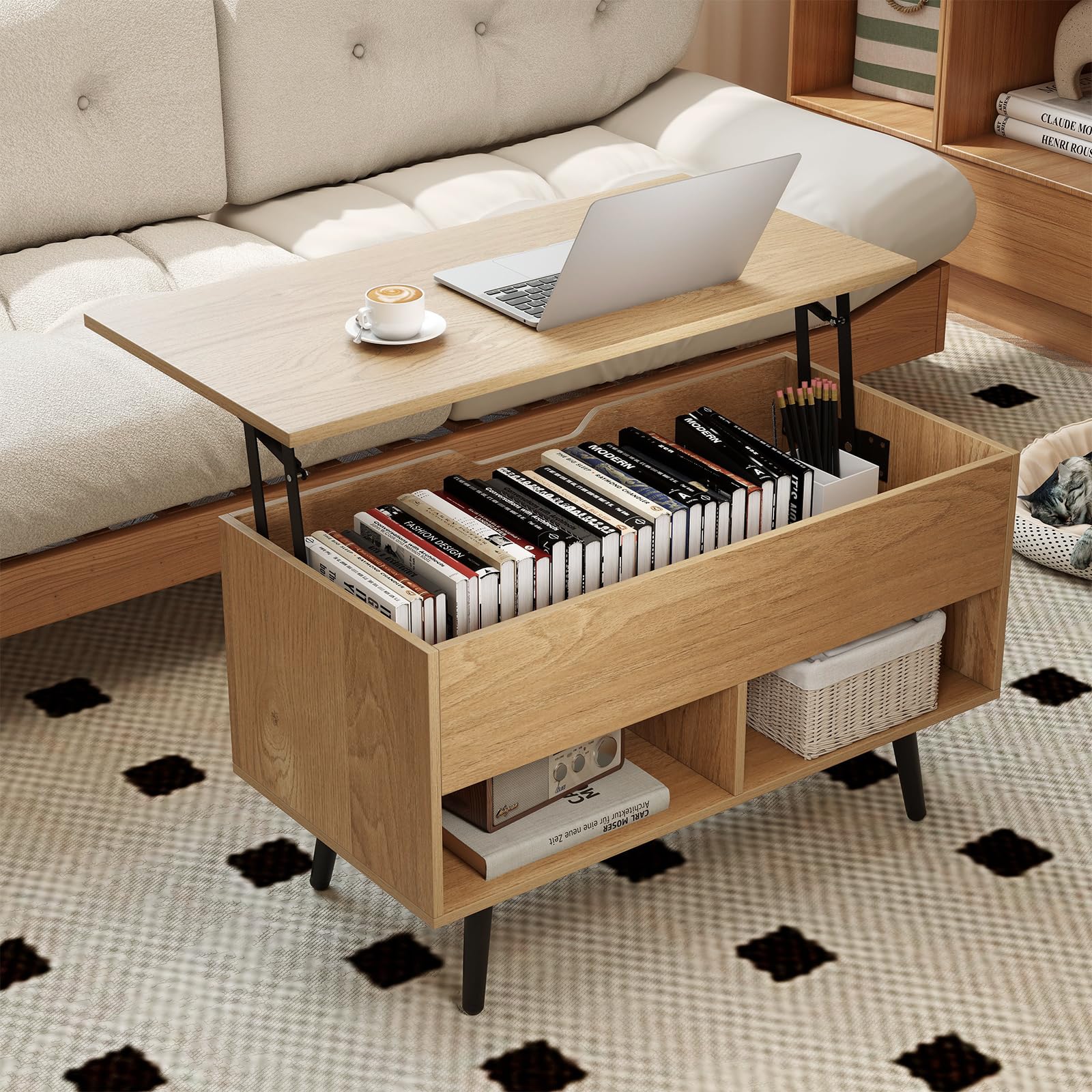 GIANTEX Tavolino da caffè con piano regolabile in altezza, tavolino da caffè con vano portaoggetti e 2 ripiani aperti, allungabile, con sollevatore a molla, tavolino da tè moderno, 80 x 40 x 46/60 cm