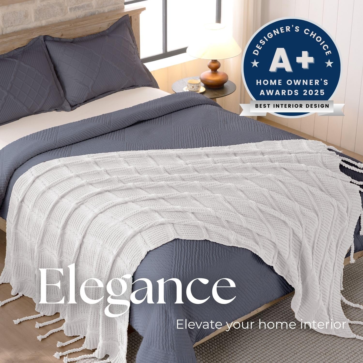 Boho Knitted Chenille Blanket with Tassels - Lightweight & Soft All-Season Throw - 3D Classic Pattern for Living Room Bedroom Couch, Cloud White, Throw 50"x60"