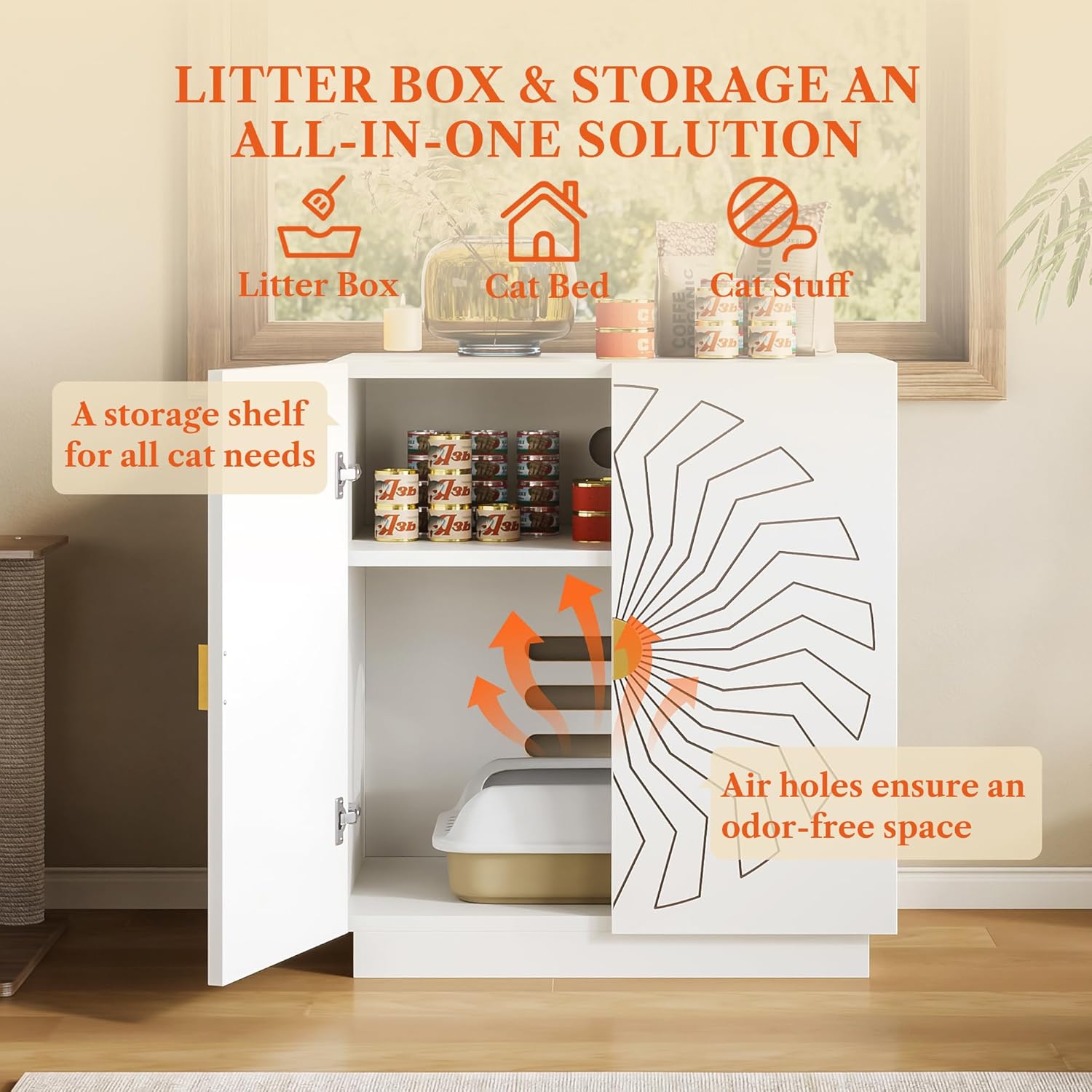 31" Tall Litter Box Enclosure, Hidden Litter Box Furniture Cabinet with Storage, Modern Cat Litter Box Enclosure with Metal Handle & Sunflower Pattern, for Hallway, Living Room, Bedroom, White