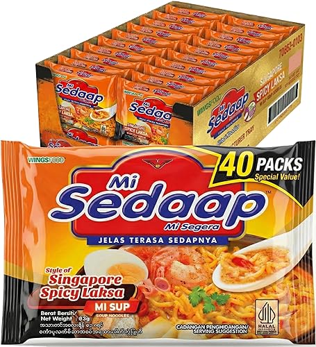 Fideos Laksa picantes de Singapur (paquete de 40) - Fideos instantáneos cremosos de coco y chile picante - Certificado Mi Sedaap Halal