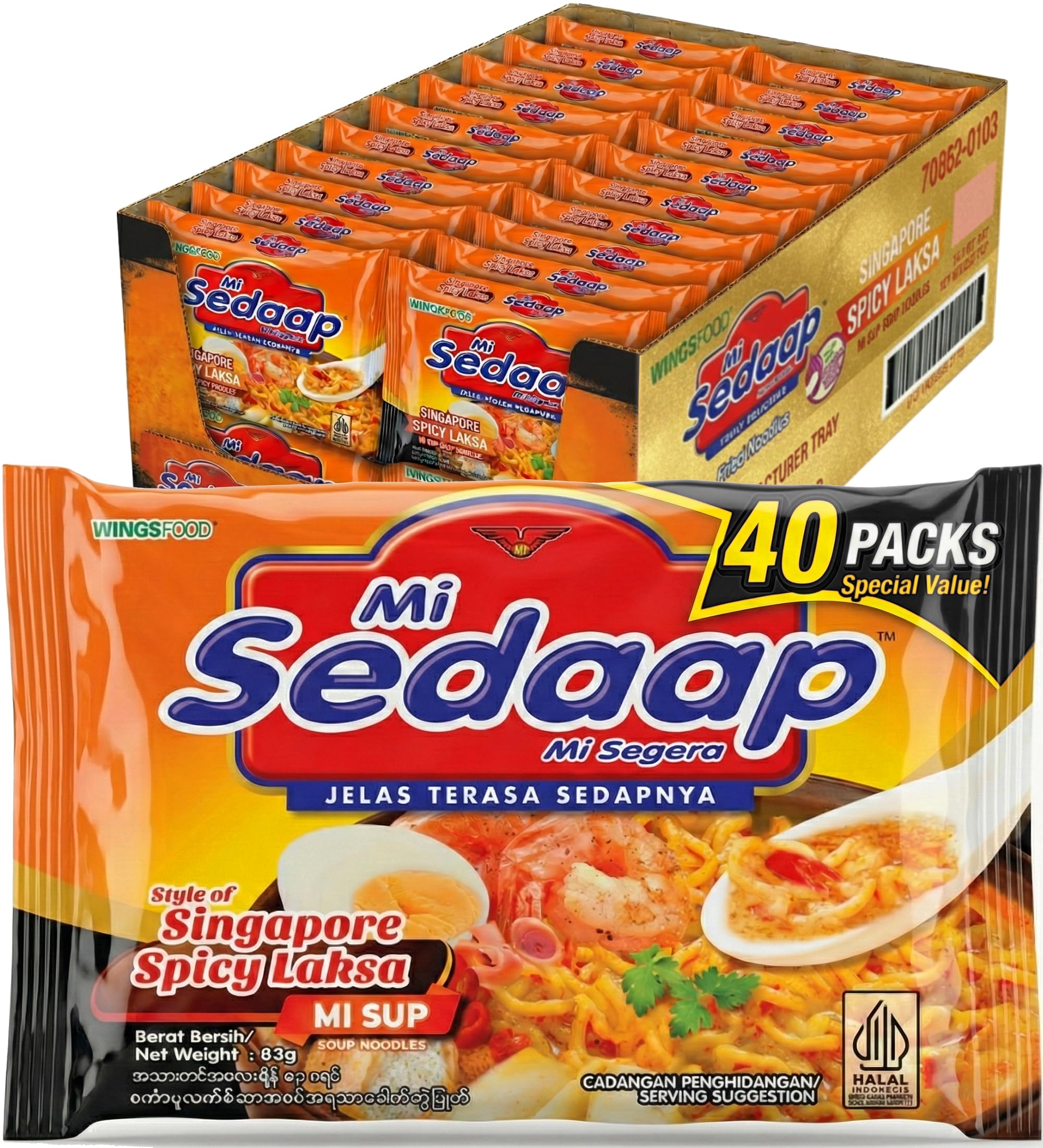 Singaporean Spicy Laksa Noodles (Pack of 40) — Creamy Coconut & Spicy Chili Instant Noodles — Mi Sedaap Halal Certified