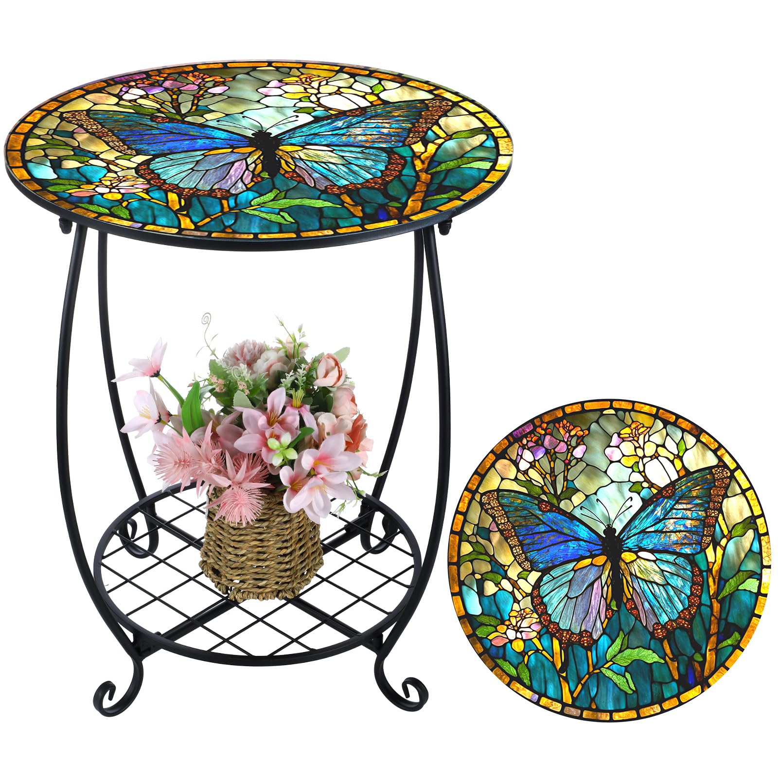Cinnvoice Outdoor Side Table Round Small Mosaic Patio Accent Indoor End Plant Coffee Tea Table for Yard Patio Porch Garden Living Room, Bedroom(