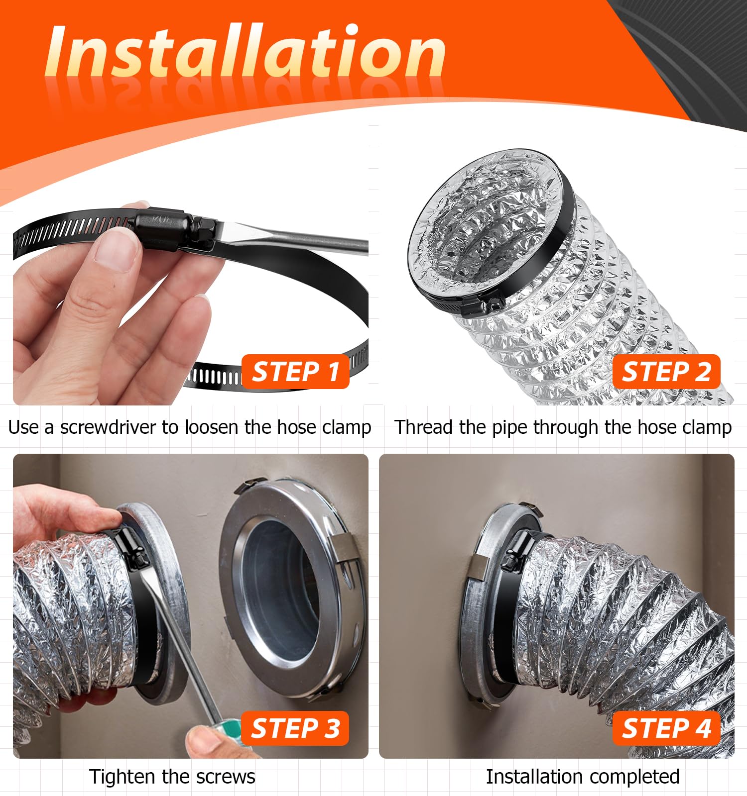 Negro Abrazaderas para manguera 118-140mm, 4 piezas Abrazaderas para piscina de acero inoxidable, gran abrazadera de tubo Abrazaderas de tubo para ventilación, tubo de piscina, tubo de