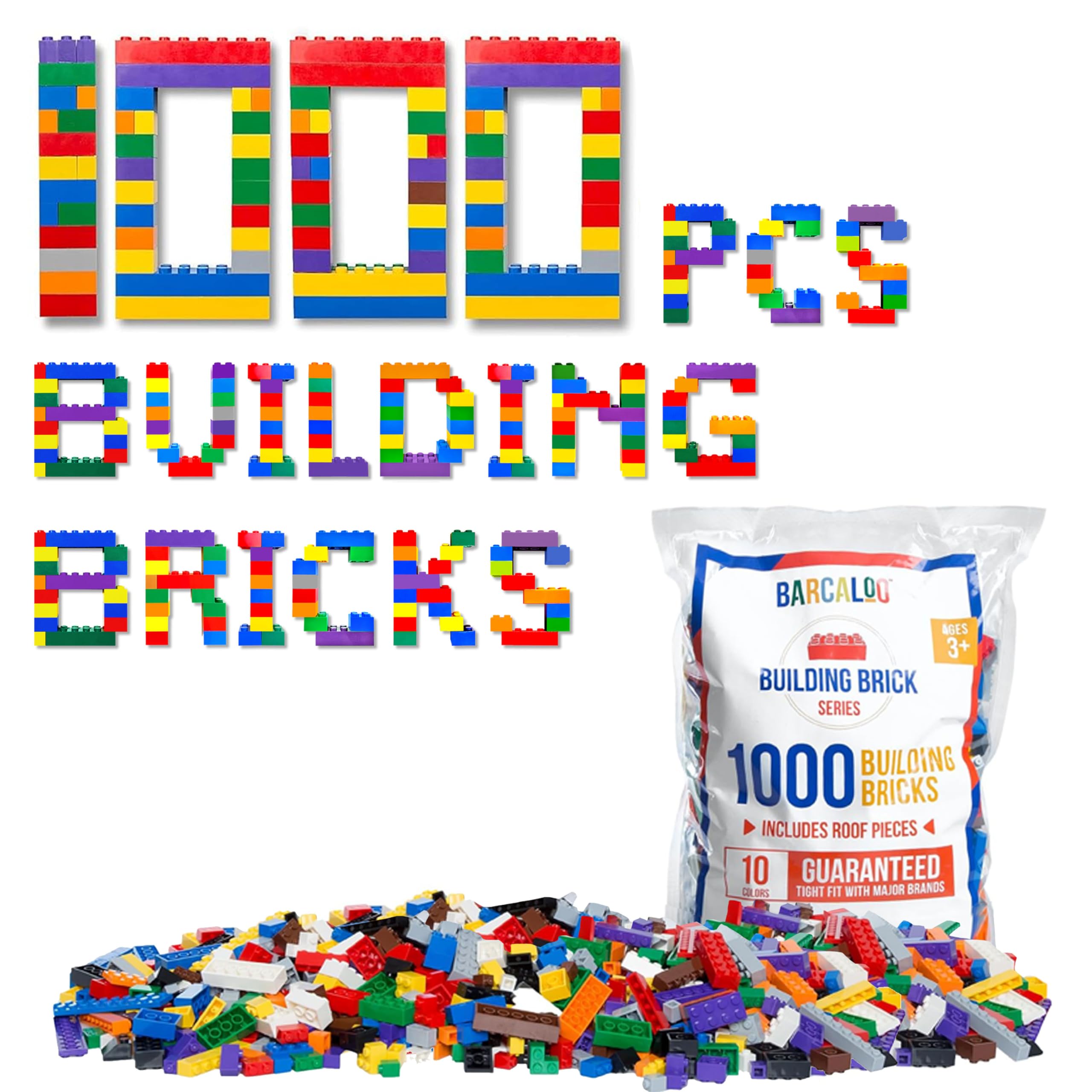 Barcaloo 1000 Piece Building Bricks Play Set, 10 Classic Colors Bulk Building Blocks, Generic Brick Building Parts, for Boys and Girls, Classic