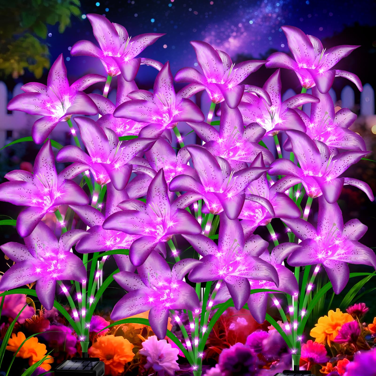 ANGMLN Solar Garden Lights 6 Pack 24 Purple Lily Flowers
