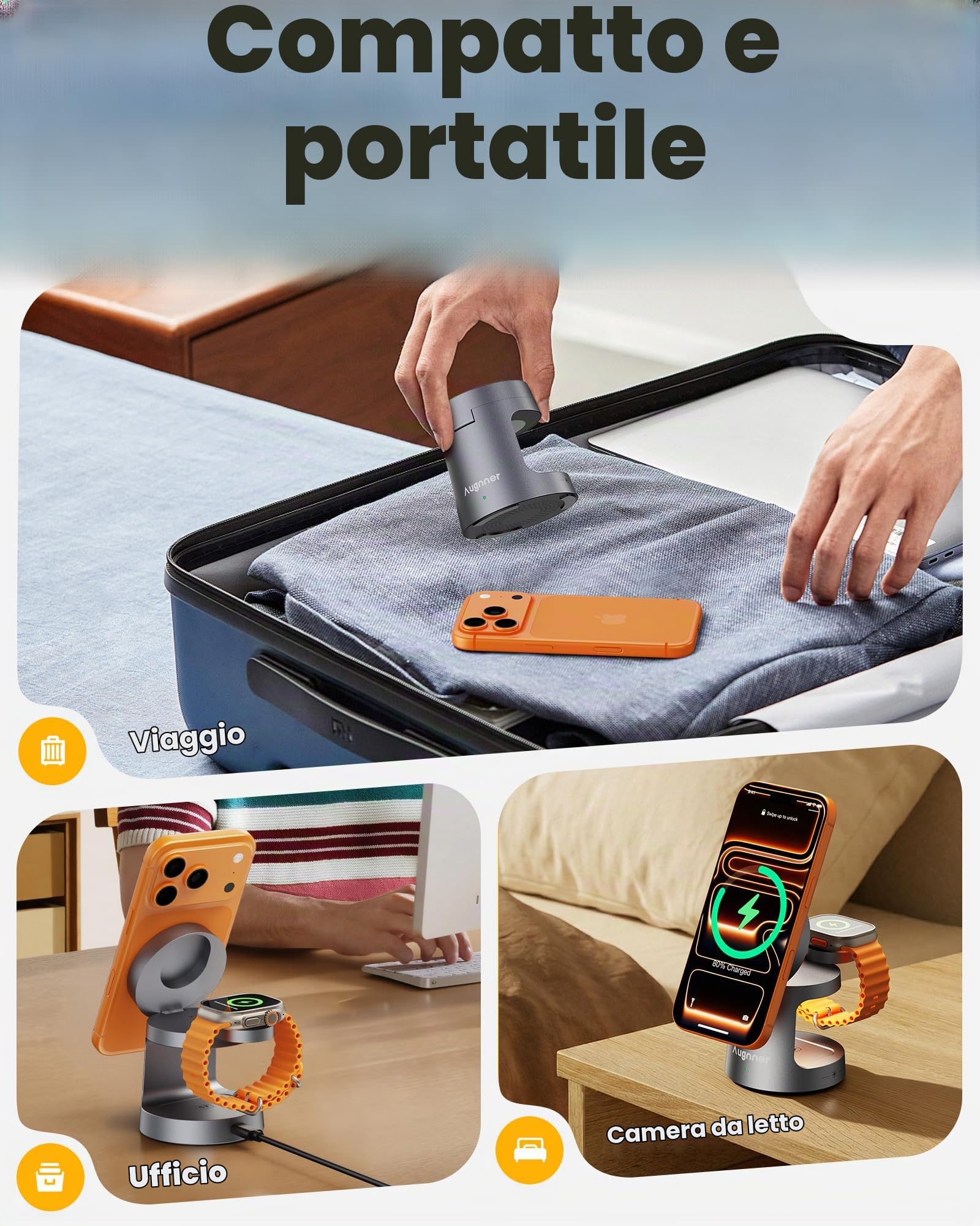 3 in 1 Caricatore Wireless,Certificato Qi2 Caricabatterie Magnetico 25W Rapido Stazione Ricarica per Apple Wireless Charger Rapida per iPhone17/16/15/14/13/12,Apple Watch