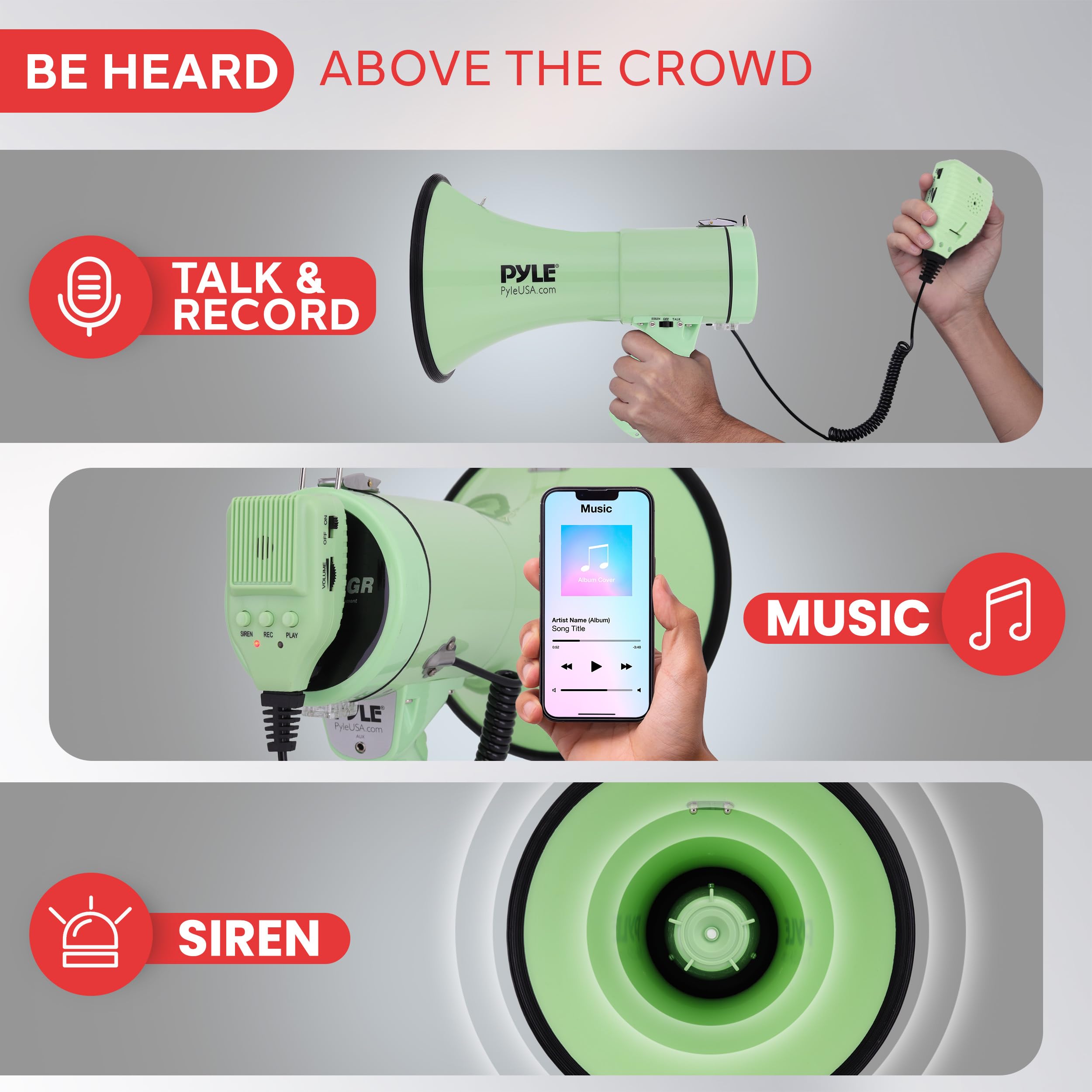Pyle Megafon Bullhorn 50 W – przenośny, automatyczna syrena i regulowana głośność, zasięg projekcji do 1200 jardów kwadratowych, wejście Aux, rozmowa, syrena, muzyka, gwizdek i nagrywanie, pasek na