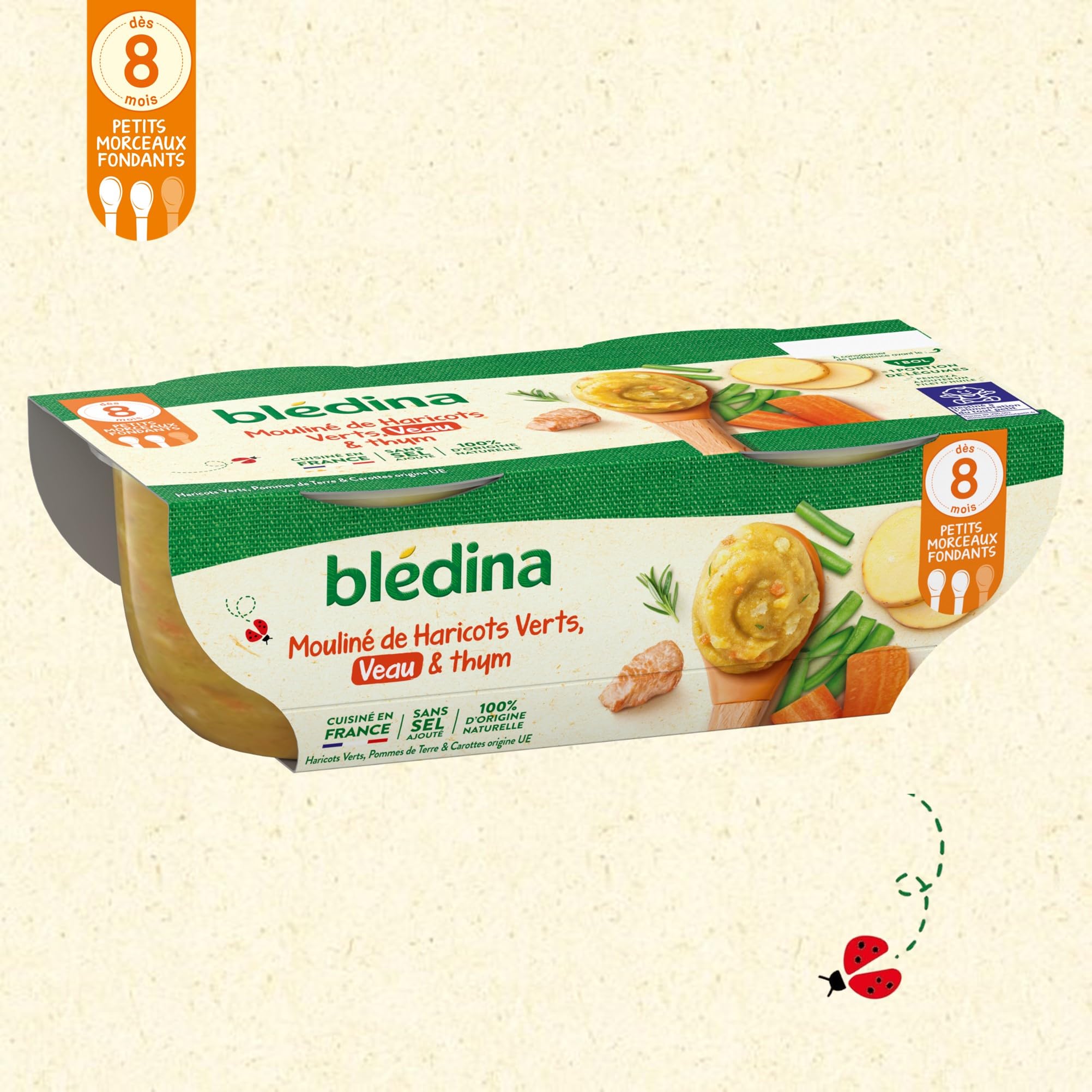 Blédina - Bols - Repas midi bébé - Mouliné de Haricots Verts, Veau & thym - Dès 8 mois - Sans sel ajouté - 12x200g