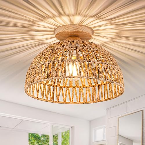 Lámpara de ratán estilo bohemio, lámpara de techo de ratán empotrada, lámpara de techo tejida pequeña de madera, candelabro de ratán para