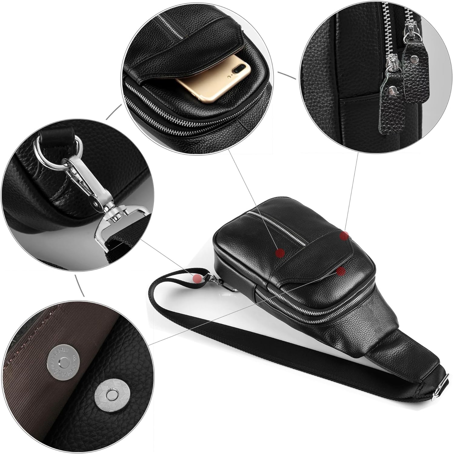 DK86 Genuine Leather Sling Bag for Men and Women Crossbody Small Fanny Packs Chest Travel Backpack Daypack Black - Image 5