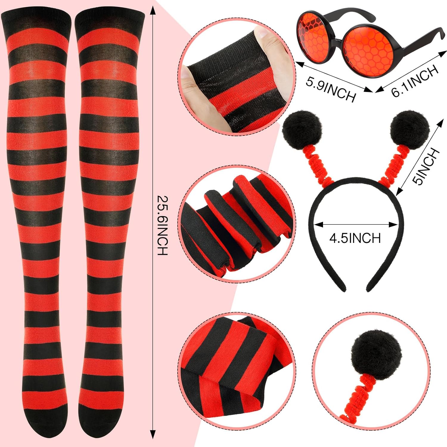 Shihanee 5 Pack Halloween Women Ladybug Costume Set with Cosplay Ladybug Wing Dress Headband Glasses Long Sleeve Top Socks - Image 2