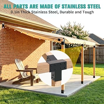 15° Wall Pergola Kits - Stainless Steel 15 Degrees Wall Mounts for 4x4 Posts(Actual 3.5 X 3.5), Angled Pergola Construction Bracket Kit(4-Way)