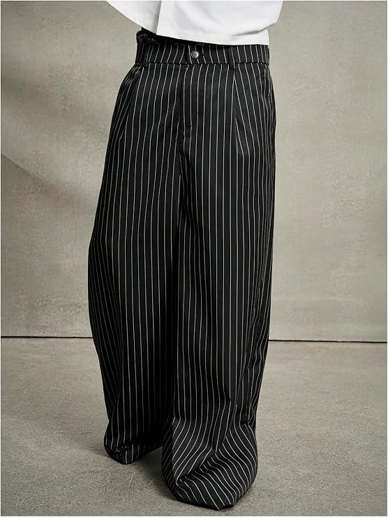 GORGLITTER Men's Baggy Casual Pleated Striped Dress Pants 2025 Wide Leg Trousers with Pockets