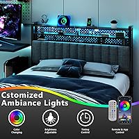 Vista 8 de VINGLI Cabecera de tamaño Queen con almacenamiento y LED, cabecera tapizada ajustable con estantes de 3 niveles y tablero de clavijas, cabecera