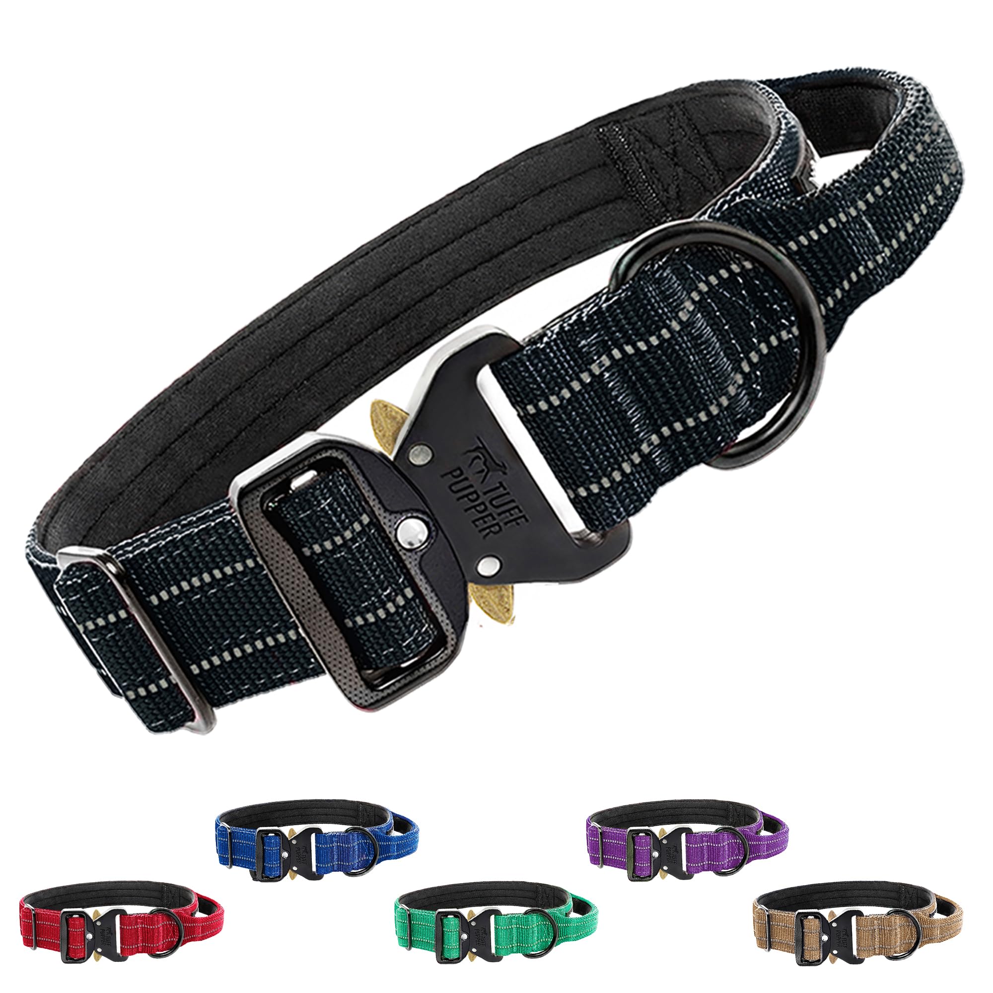 Tuff Pupper Tactical Dog Collar | Heavy Duty 1.5" Wide Ballistic Nylon | Training Control Handle | Quick-Release Metal Buckle | Reflective Bands | ID Tag Holder | Padded Inner Lining (Black, Medium)