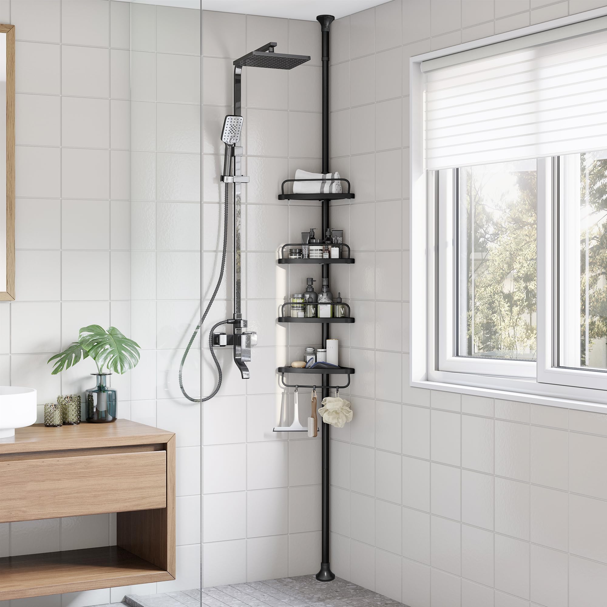 SONGMICS Shower Corner Shelf, 4-Tier Bathroom Shower Shelf, 85-305 cm Adjustable Shower Caddies, Bathroom Organiser, Black BCB001B01