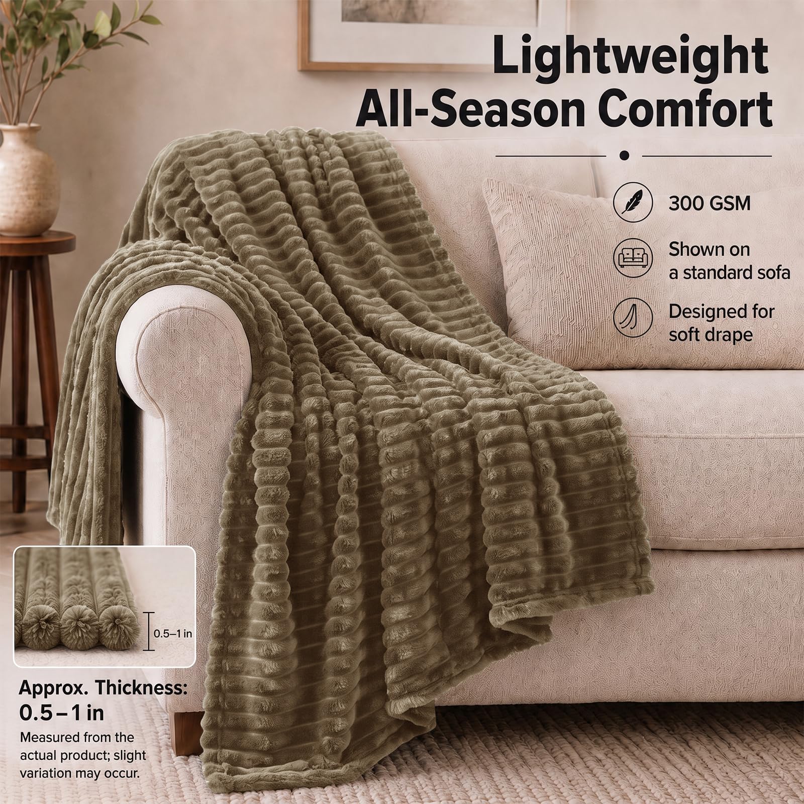 HIMEET Camel King Size Blanket for Bed, 300GSM Ribbed Fleece, 108 x 90 in view 2