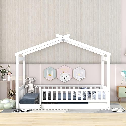 Miniatura 22 de MERITLINE Cama de casa completa para niños, marco de cama Montessori con rieles y techo, no necesita somier, para niños, adolescentes, niñas y niños