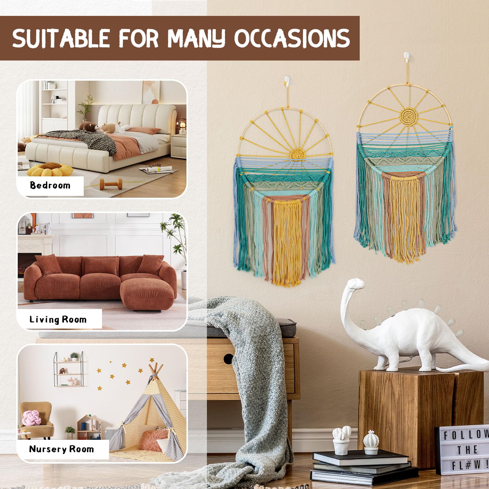 Lucxhcky Boho Makramee Wandbehang 2er Set - Sonnenaufgang & Sonnenuntergang Gewebter Wandteppich für Schlafzimmer, Wohnzimmer, Kinderzimmer, Böhmische Wanddekoration, ästhetische Wandkunst (Sonne)