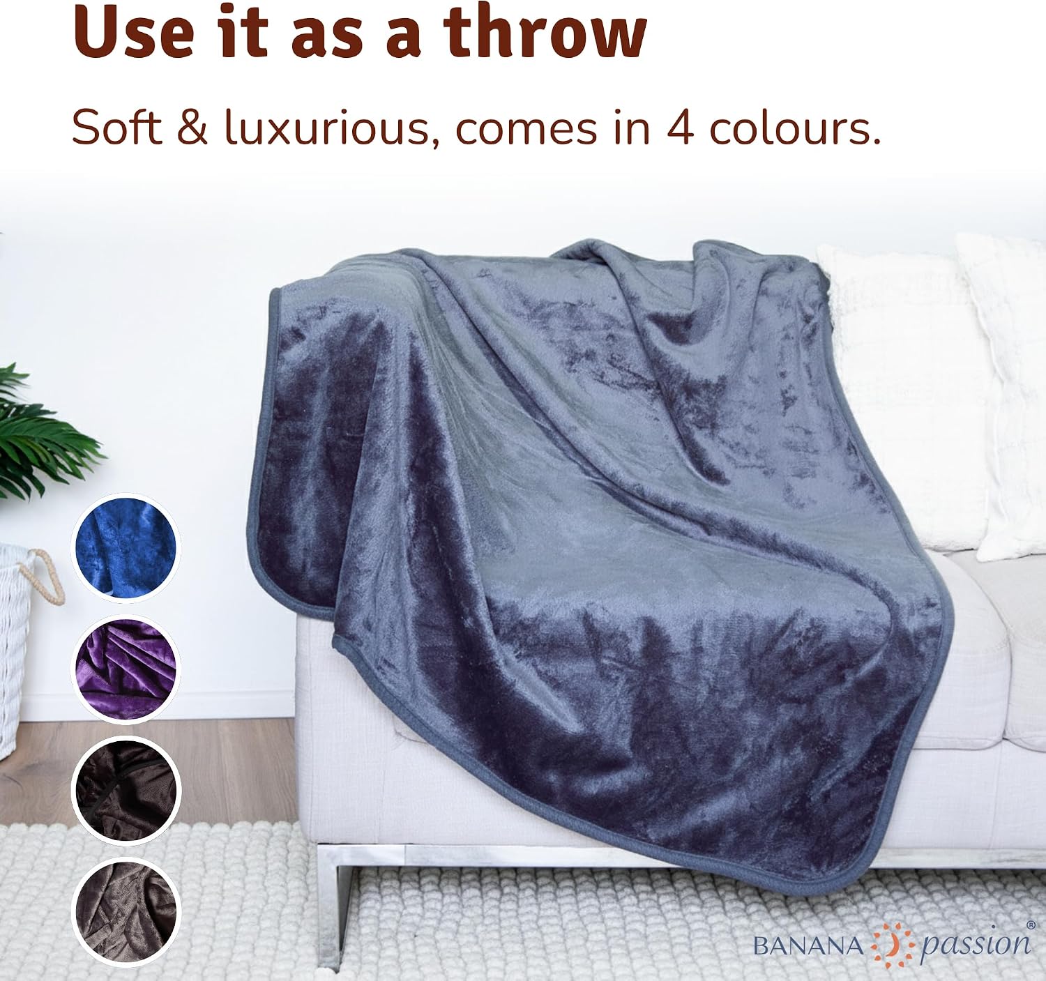 Velvety Waterproof Blanket for Bed, Dark Grey XXL 79 x 79 in, King and Queen Soft Adult Throw, Stain-Proof Washable Reversible Blanket