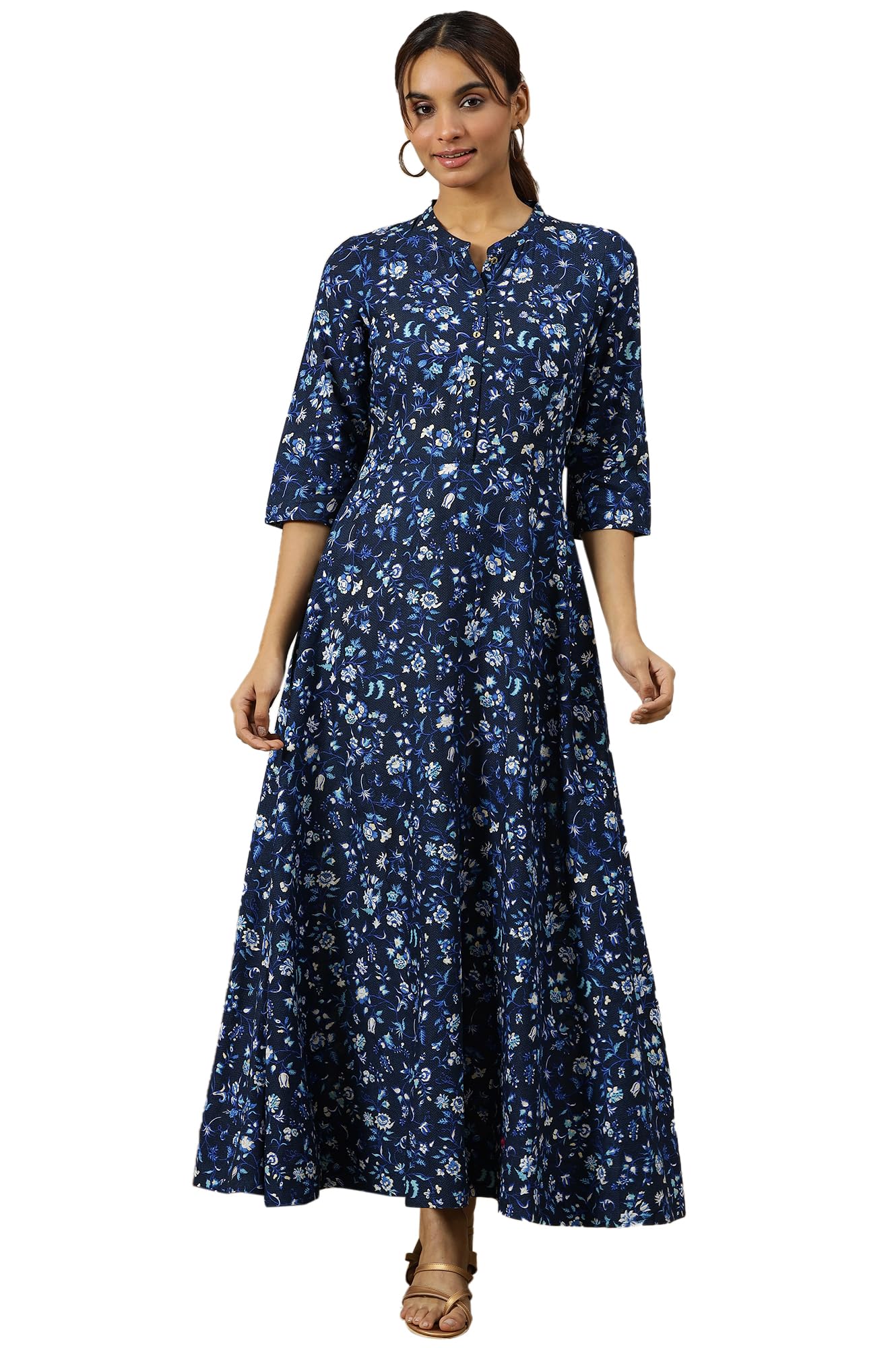 Aurelia Ensign Blue Floral Printed Flared Pure Cotton Dress in Mandarin Collar in blue