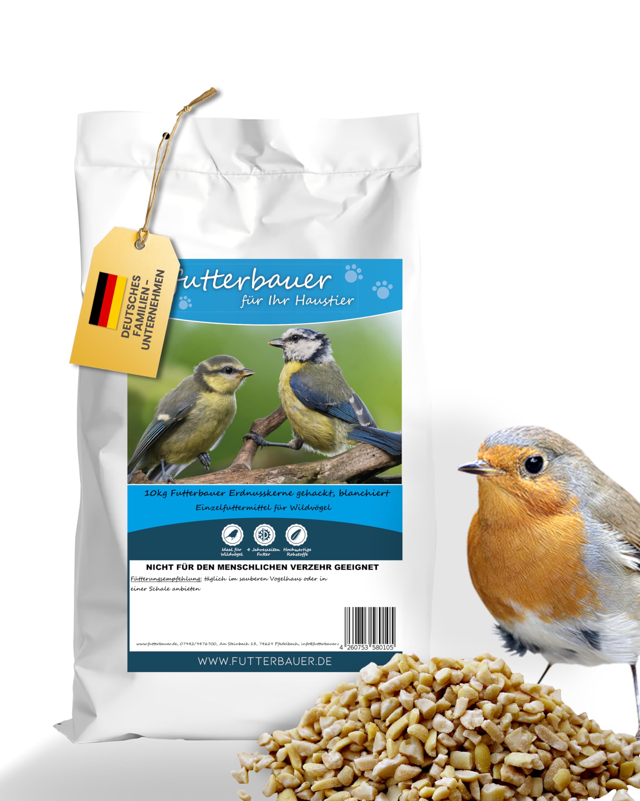 Futterbauer Erdnüsse gehackt 10 kg für Wildvögel & Eichhörnchen, Hochwertiges Vogelfutter mit Vitaminen & Fettsäuren, Ambrosia kontrolliert, weiß & blanchiert
