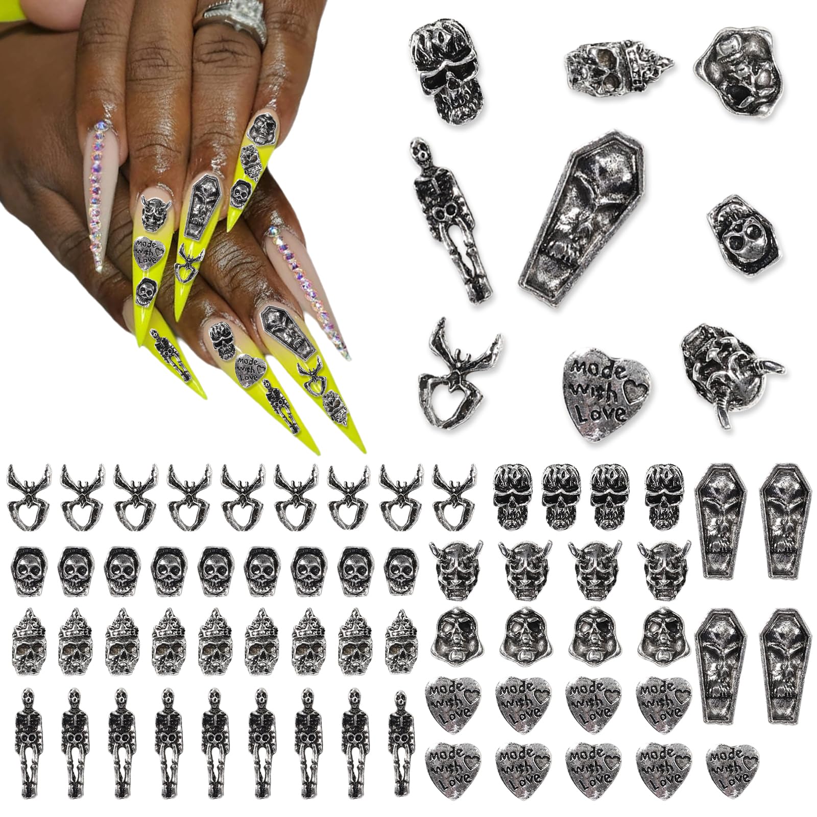 Y2K Nail Charms and Gems 3D Silver Star Butterfly Planet Cross Nail Charms for Acrylic Nails Design Kawaii Nails Jewels for Art (Black-70)