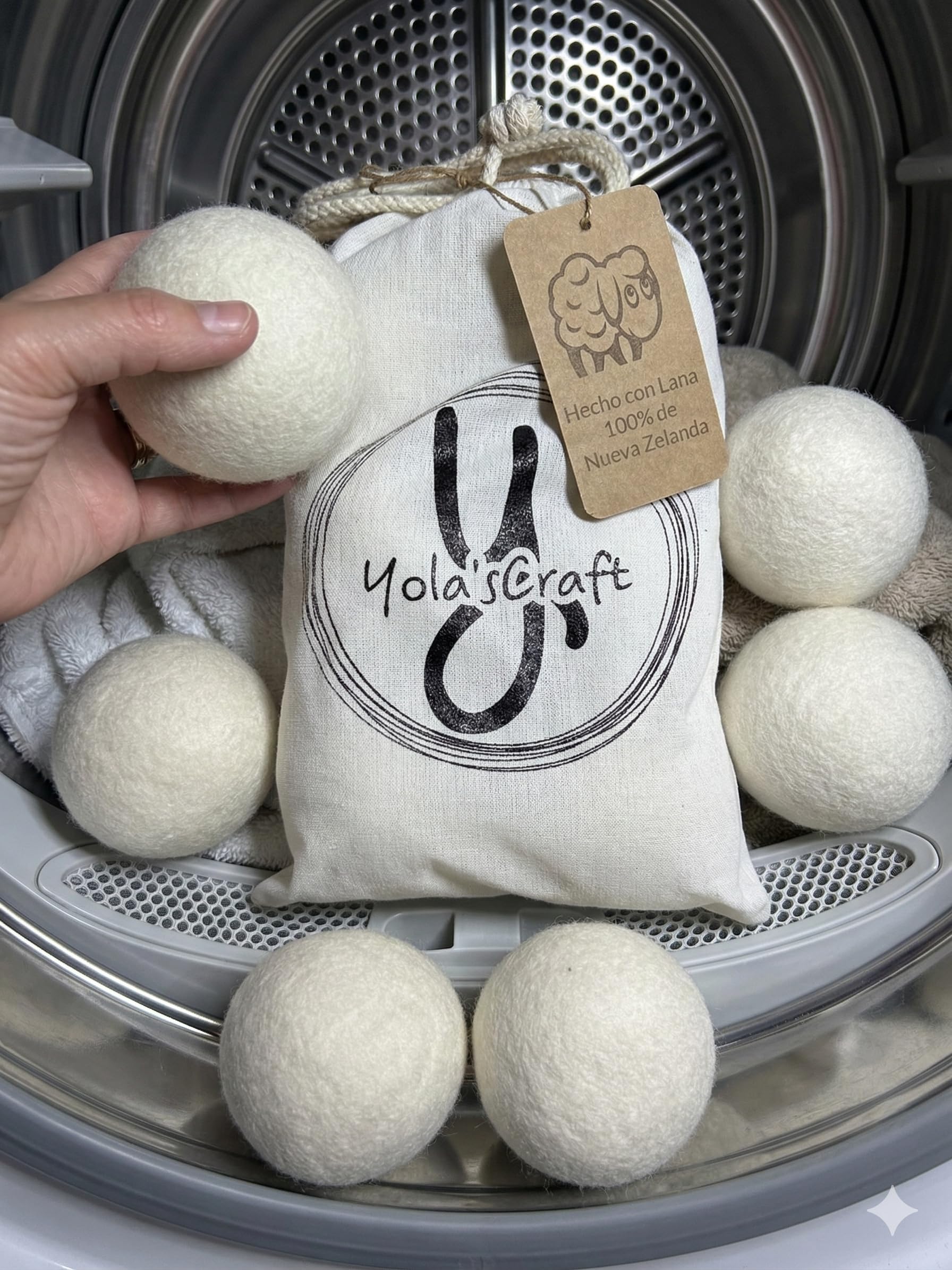 Ahorra 25% de Luz - Pack 6 Bolas de Lana para Secadora XL Yolascraft - 100% Lana Nueva Zelanda, Reutilizables y Suavizante Natural