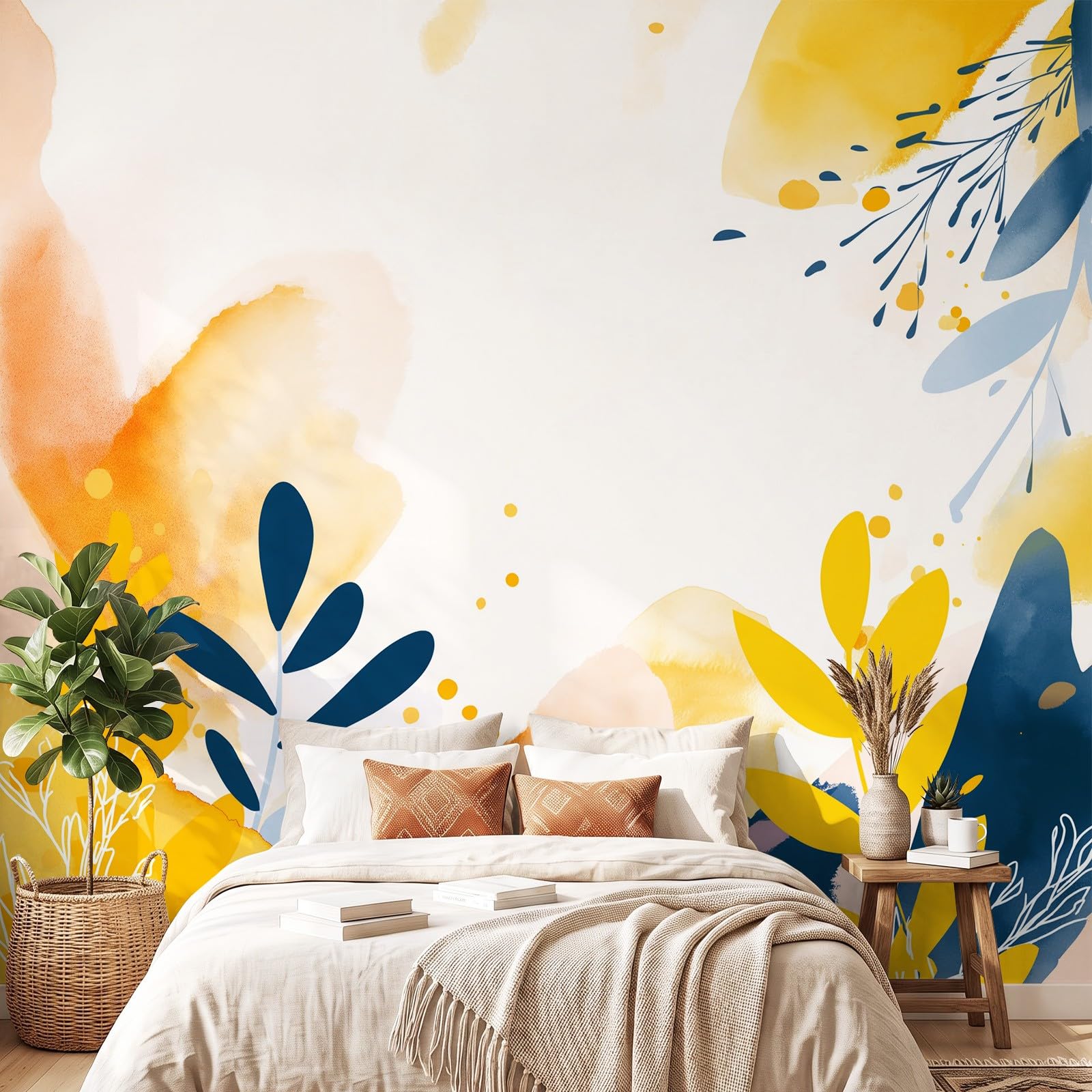 Papier Peint Panoramique Aquarellee Bohème Mural, Botanique Feuille Papier