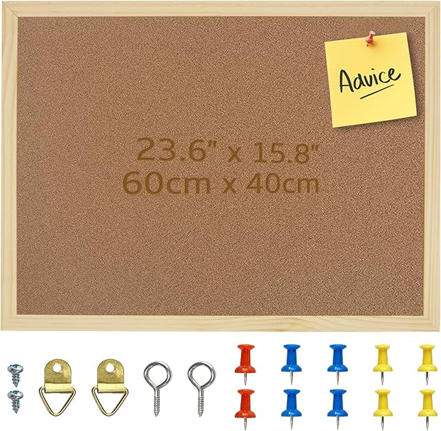 60X40cm Thicken Cork Board, Notice Pin Board, Memo Board, with 10 Pushpins and Hanging Rings Vision Board, Bulletin Board for Office, Classroom or Home Classic Wooden Frame