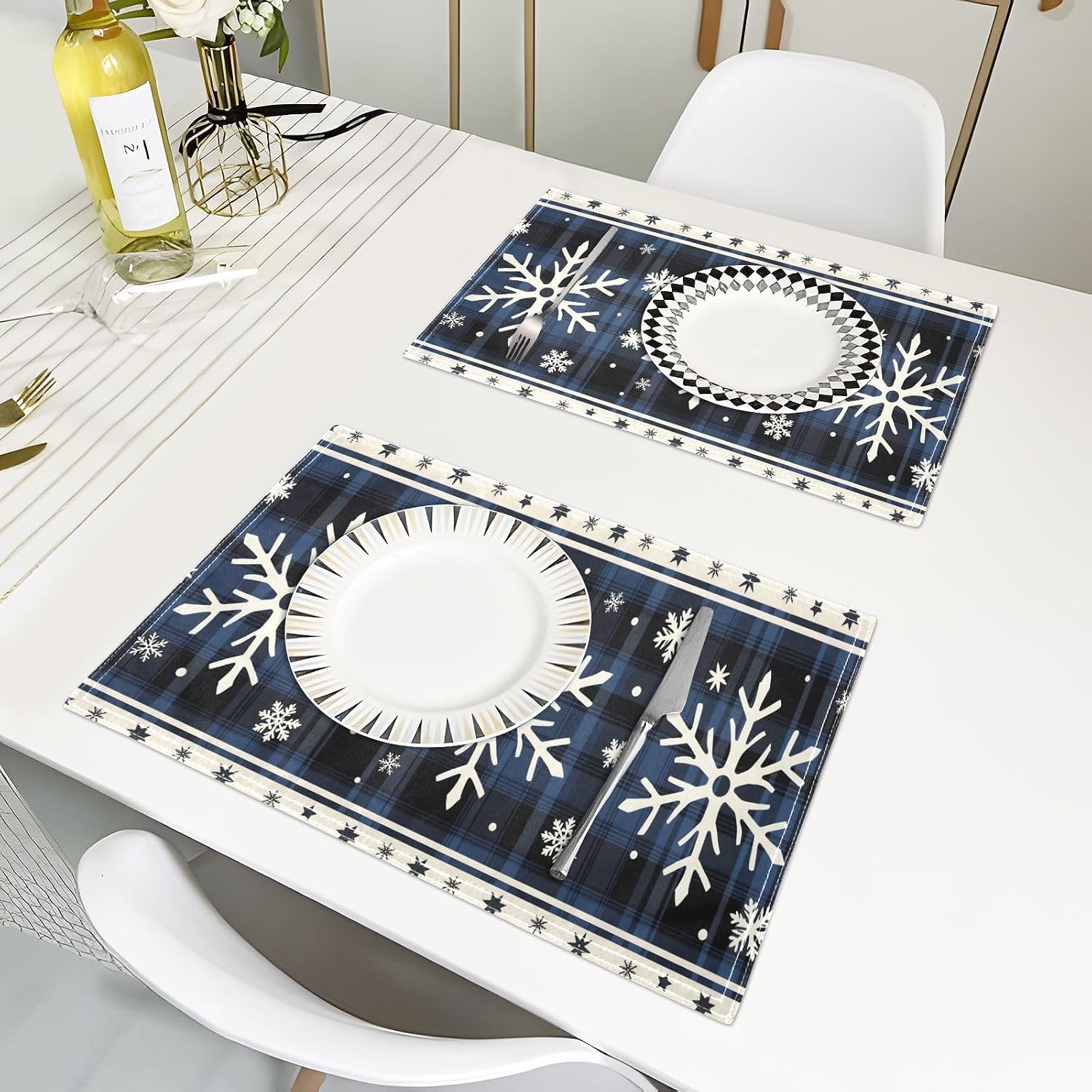 Christmas Snowflake Placemats Set of 6 Blue Black Plaid Winter Dining Place Mats Non-Slip Washable Kitchen Table Mats for Indoor Outdoor Party Christmas Table Decoration,12x18 inch
