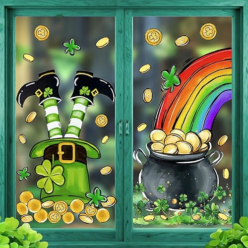 Whaline Large St. Patrick's Day Window Clings Green Shamrock Clover