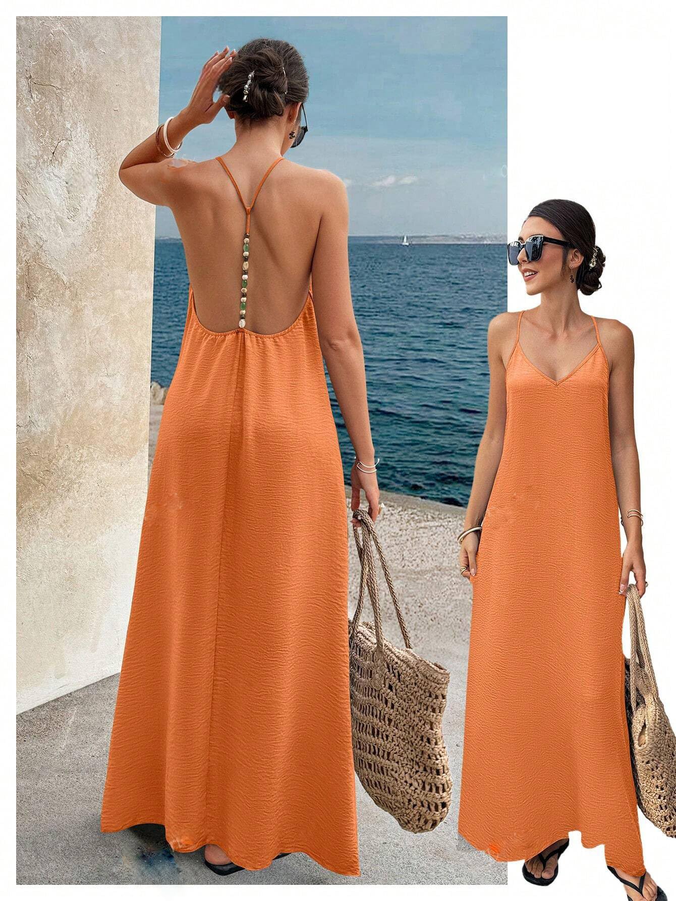 Abiti Lungo Donna Senza Schienale Scollo all'Americana Decorato Perline Stile Boho Svolazzante Estivo Spiaggia Spalline A T Casual Ampio Senza Maniche Vacanze.