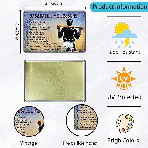 Miniatura 2 de Letrero de metal con texto en inglés "Baseball Life Lessons", diseño de lecciones de vida de béisbol, decoración de pared para el hogar, cocina, 8 x