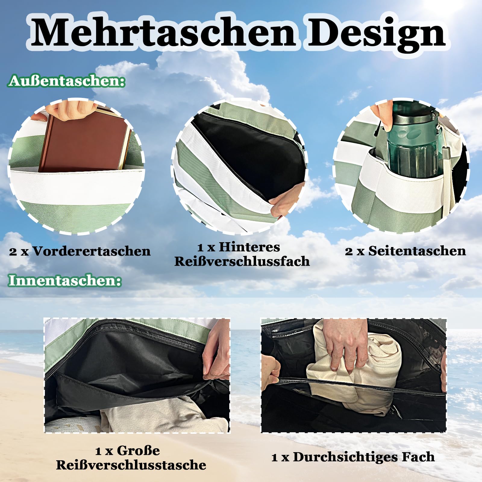 Sac de Plage XXL, 50 x 29 x49cm Sac Fourre Tout Sacs de Plage, Main Bandoulière Pliable Voyage, Multi Poches Pliable Cabas Plage, Grand Sacs de Plage Femme avec Démontable Sac Isotherme