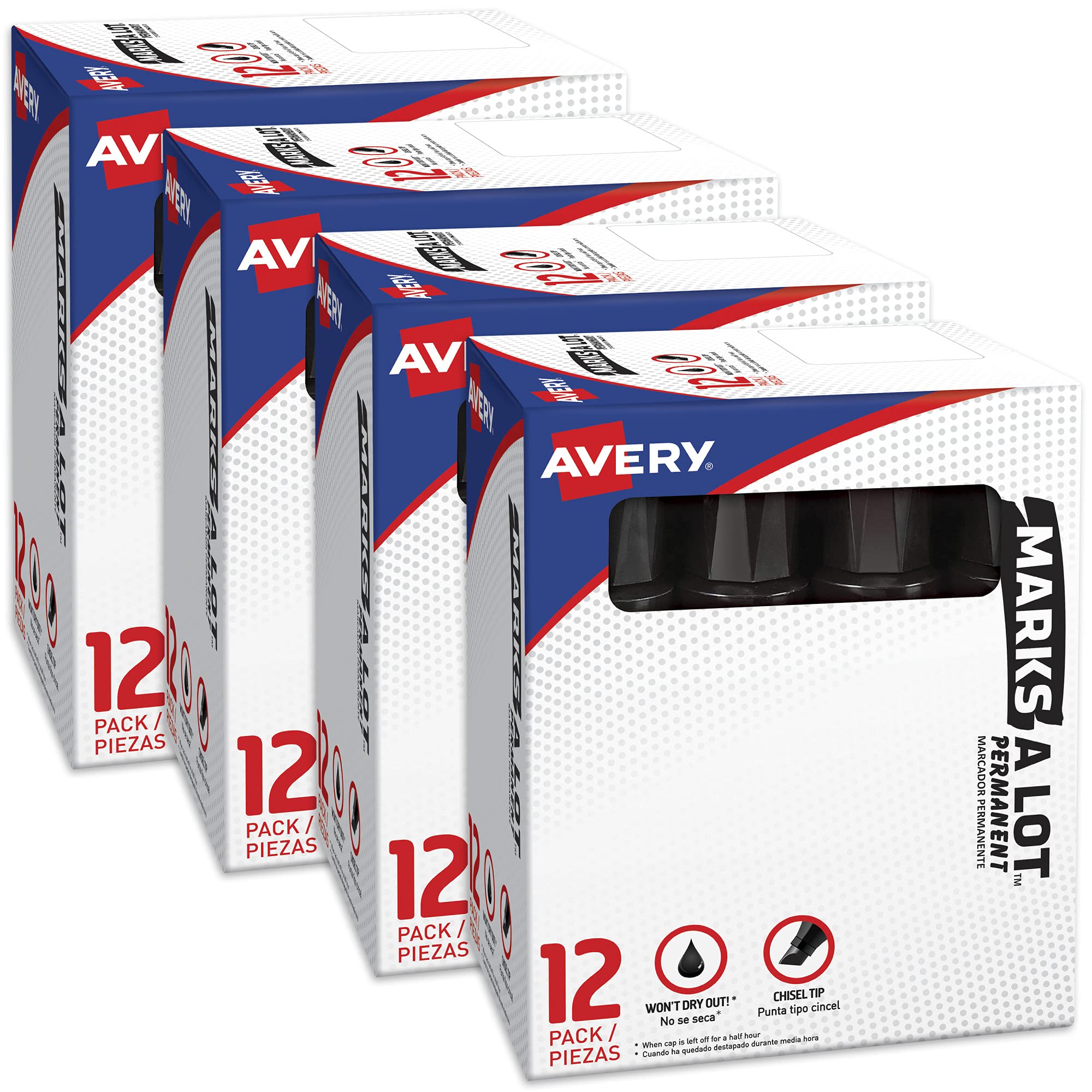 Avery Marks A Lot Jumbo Chisel Tip, Black Permanent Markers, 1 per Pack, 4 Packs, 4 Total (24148)