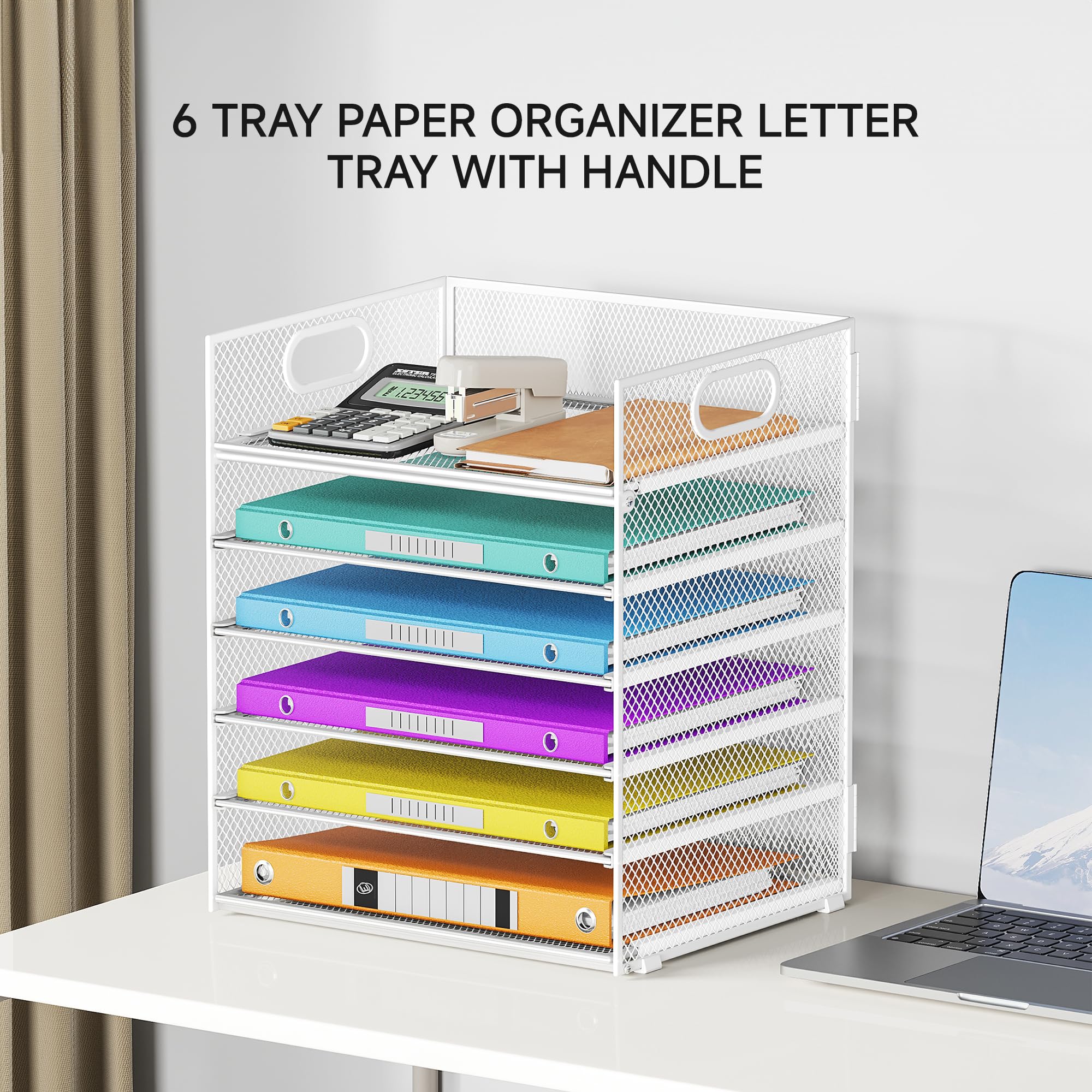 VITVITI Organizador de Escritorio con Archivador, Bandeja de Papel de 6 Niveles con Asa, Malla de RellenoOrganizador para Material de Oficina en Casa, Accesorios de Oficina Ordenados - Blanc