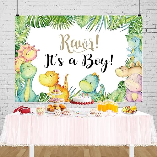 Miniatura 6 de Cartel de fondo de baby shower de dinosaurio pequeño de 7 x 5 pies con texto en inglés "It's A Boy" ("It's A Boy"), telón de fondo para baby shower,