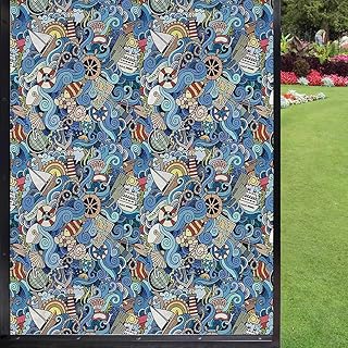 Nautical Frosted Window Film Decorative Window Film,Abstract Pattern Sea Shells Sea Horse Corals Fish Rob Globe Maps Wavy Ocean Window Cling Decorative Static Cling Window Film,Blue 24