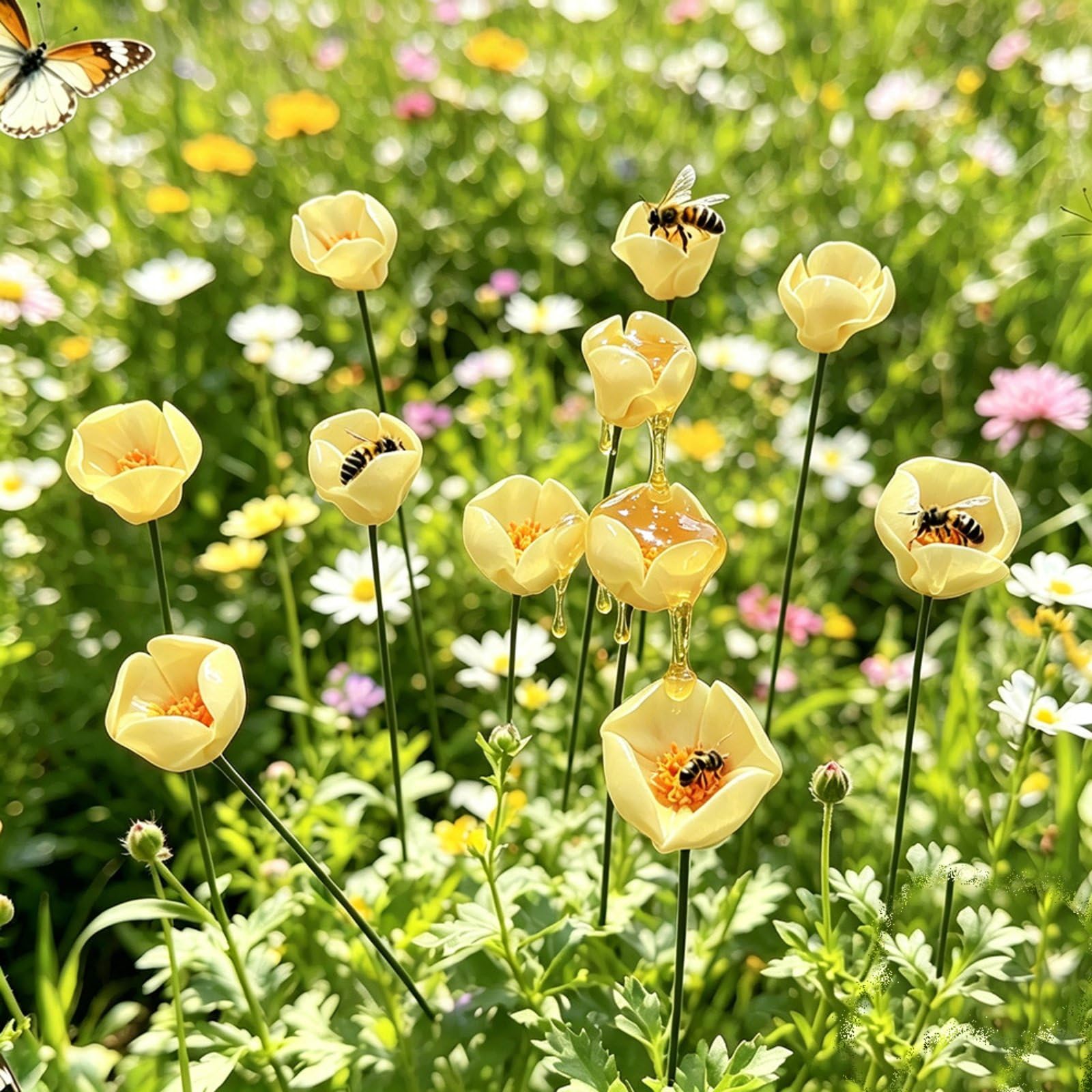 CLBDRESS Handmade Ceramic Pollinator Watering Station – Colorful Bee & Butterfly Garden Feeder, Small Outdoor Yard Art Stake for Patio, Lawn & Flower Bed, Nature Lover Gift