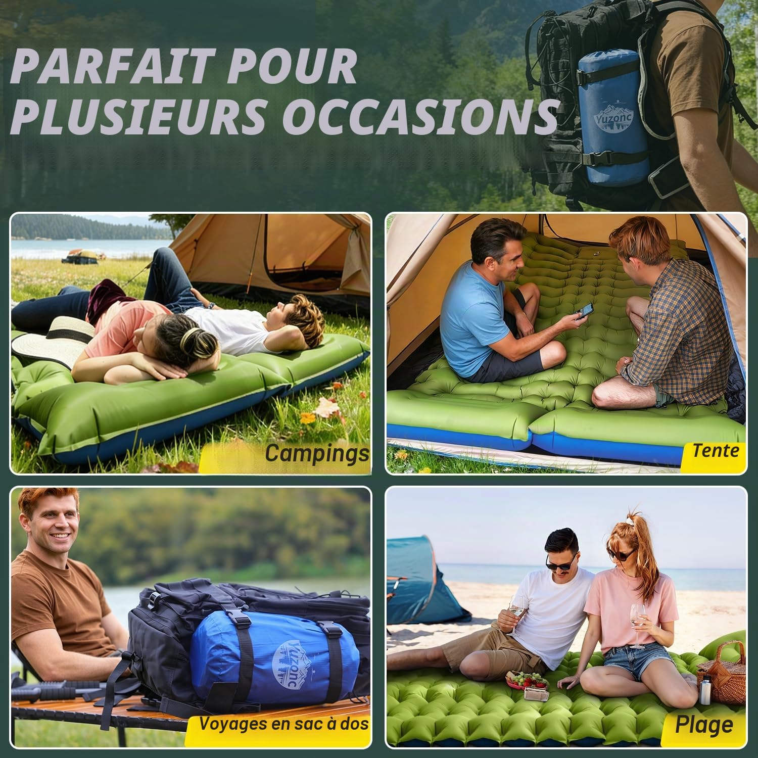 Yuzonc Matelas de Camping Auto-gonflant - Double épaisseur - Matelas de Camping Ultra léger - pour 2 Personnes - Gonflable avec Pompe à Pied et Coussin - pour l'extérieur, la randonnée, la Tente