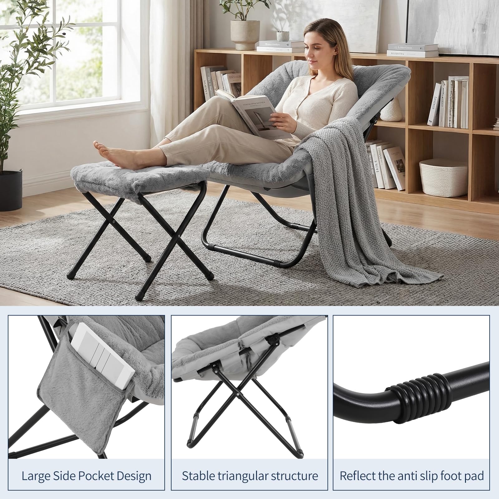 Clevich Sillón de relax con taburete, 72 x 76 x 78 cm, para adolescentes y adultos, escandinavo, tejido de piel sintética de poliéster, con bolsillo lateral y estructura de metal estable, plegable